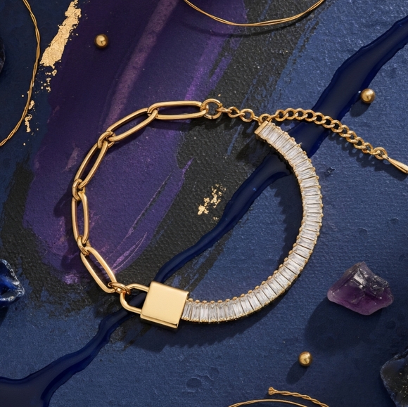 πModern Padlock Zircon Baguette Dainty Bracelet 18K Gold Plated Stainless Steel - Picture 4 of 10